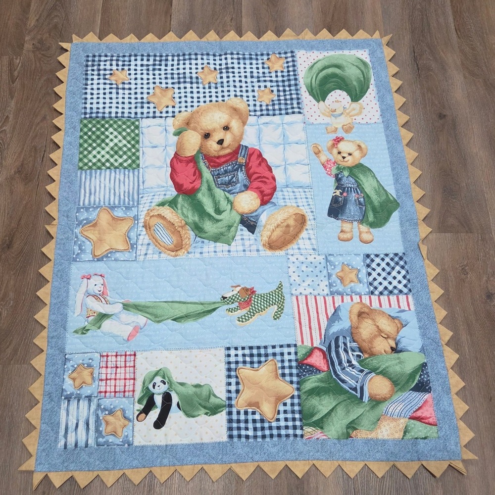 Blue Jean Teddy Bear Patchwork Quilt Baby Blanket Sawtooth Trim 36x45 Blue Green